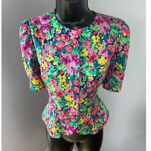 Vintage 80s Floral Coordinating Set Button Front Puff Sleeve‎ Peplum Top Skirt 6